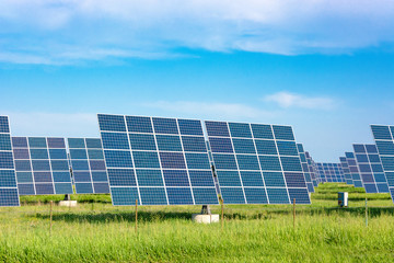 Solar station. Solar panels for the production of natural solar energy. Green electricity. Direct view, space for text, copy space, web banner, banner, advertisement.