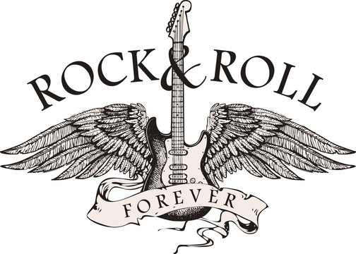 rock n roll Guitar vector image with wings and inscription on rock and roll tapes in the style of a graphic sketch