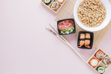 Flat lay sushi composition with copyspace