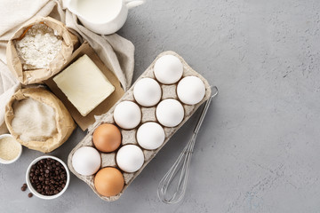 Various baking ingredients for sweet pastry. Dough recipe.