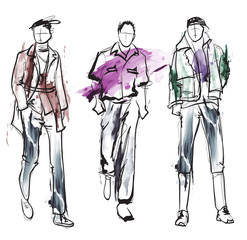 Stylish handsome mans in fashion clothes. Hand drawn beautiful young mens. Stylish mens. Fashion mens sketch. Fashion men model.