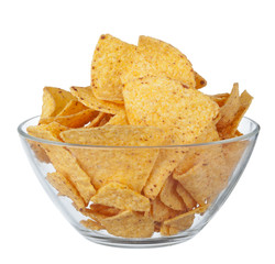 Potato chips on bowl isolated on white background