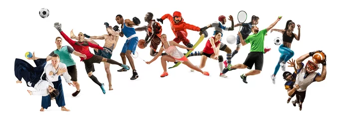 Fotobehang Sport collage. Tennis, running, badminton, soccer and american football, basketball, handball, volleyball, boxing, MMA fighter and rugby players. Fit women and men standing on white background © master1305