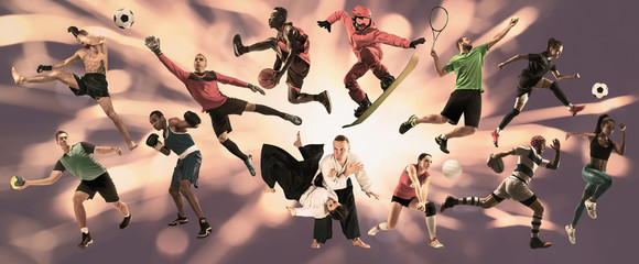 Sport collage. Tennis, running, badminton, soccer and american football, basketball, handball, volleyball, boxing, MMA fighter and rugby players. Fit women and men standing on purple background