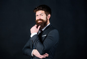 Fashion concept. Guy wear formal outfit. Businessman fashionable outfit black background. Impeccable style. Man bearded guy wear suit outfit. Perfect elegant tuxedo outfit. Elegancy and male style