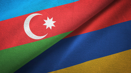 Azerbaijan and Armenia two flags textile cloth, fabric texture 