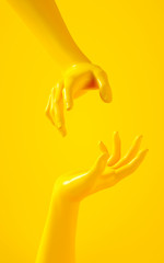 3d rendering illustration of yellow hands. Human body parts. Concept scene for graphic design projects. Shiny plastic glossy material. Vertical orientation scene. Modern concept social media template © Katia