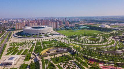 Krasnodar, Russia - May 2019: Aerial view of Krasnodar Stadium and the Galitsky park