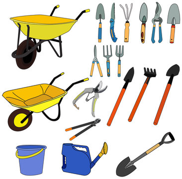 vector, isolated, set, collection of garden tools