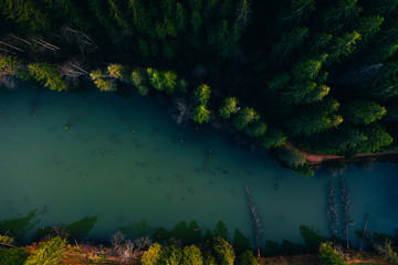 Lake with small boats seen from a drone