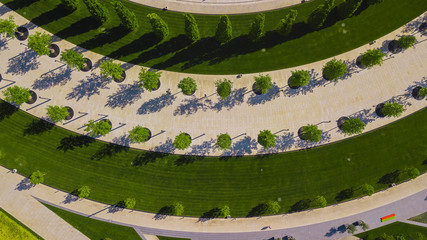 Vertical aerial top down view shot and looking down on the city park in Krasnodar, Russia