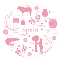 Vector illustration with various symbols of Spain arranged in a circle. Travel and leisure.