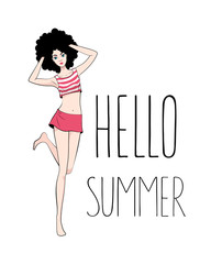 Vector image of the woman in short skirt and striped t-shirt. Fashion girl with inscription Hello Summer on the white background