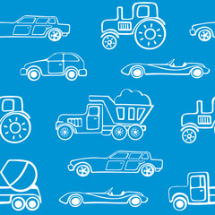 Seamless background with hand-drawn machines. Doodles cars on a blue background. Perfect for kids fabric, textile, nursery wallpaper 