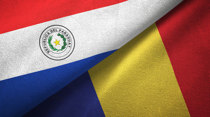 Paraguay and Romania two flags textile cloth, fabric texture