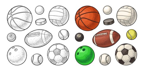 Set sport balls icons. Engraving color illustration. Isolated on white