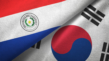 Paraguay and South Korea two flags textile cloth, fabric texture
