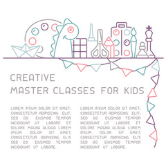 Info poster concept of creative master classes for children. Linear style vector illustration. Suitable for advertisement or placard decor