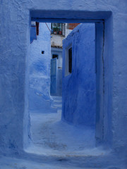 Blue street with blue walls in Morocco