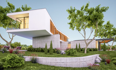 3d rendering of modern cozy house on the hill with garage and pool for sale or rent with beautiful landscaping on background. Clear summer evening with cozy light from window.