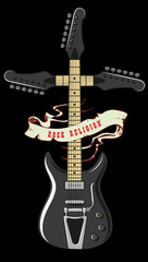 vector image of a guitar in the style of a religious icon with ribbons and inscriptions in the style of a quick sketch