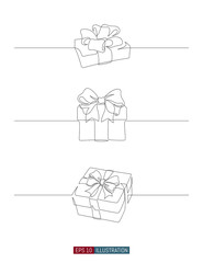 Continuous line drawing of gift box with ribbon bow. Template for your design works. Vector illustration.