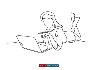 Continuous line drawing of girl with laptop. Template for your design works. Vector illustration.