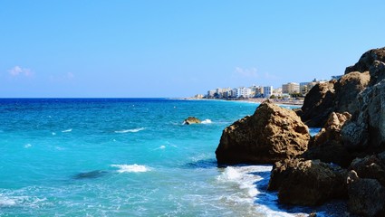  View of the west coast of Rhodes island near the city of Rhodes. Beautiful rocky scenery of...