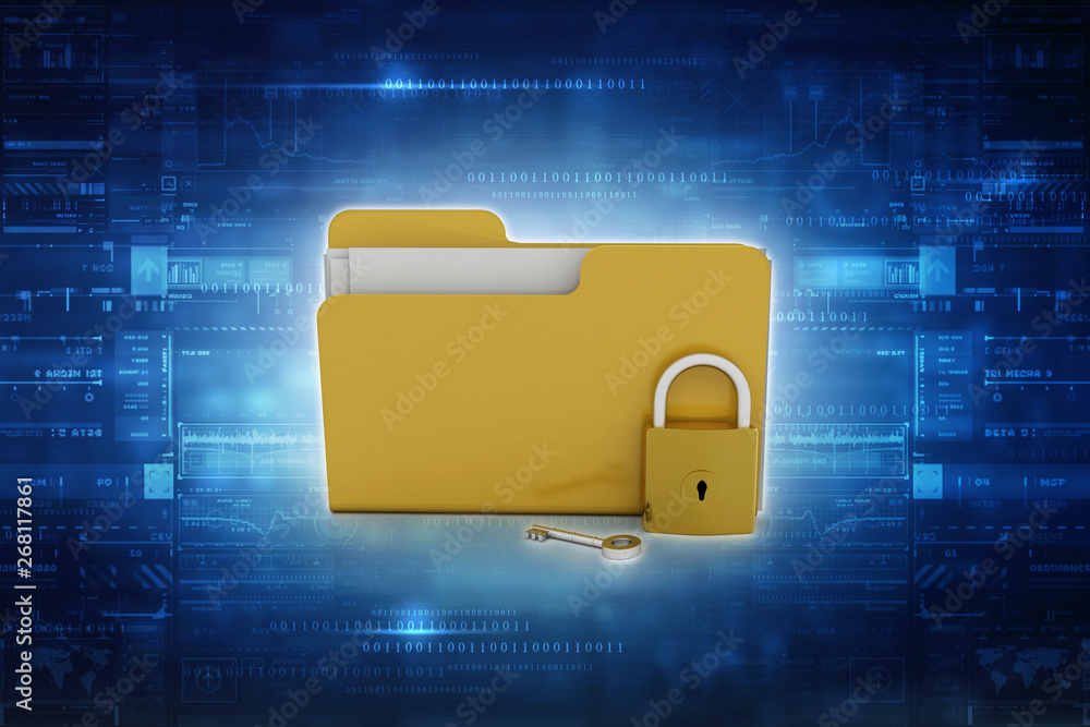 Poster yellow folder and lock. data security concept. 3d rendering