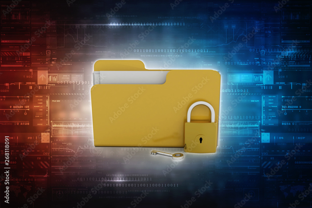 Poster yellow folder and lock. data security concept. 3d rendering