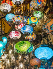 Multicolored authentic lamps hanging at the Grand Bazaar in Istanbul, Turkey