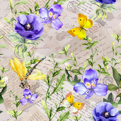 Hand written letters, postal stamps, field flowers and grasses. Seamless pattern at vintage old paper