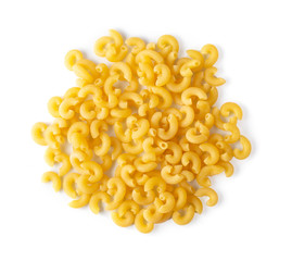 macaroni pasta close up  isolated on white background. top view