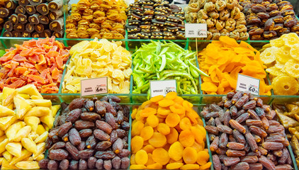 Turkish delight sweets, fruits, nuts at Spice Market or Grand Bazaar in Istanbul Turkey