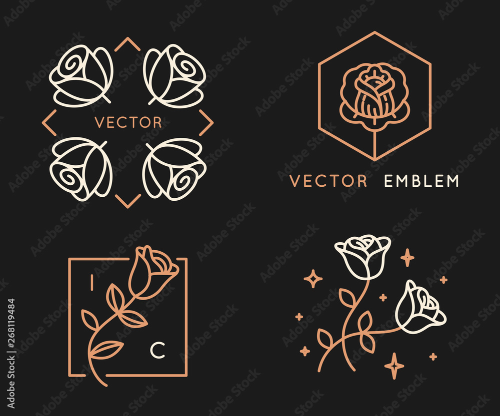 Poster Vector logo design templates and monogram design elements in simple minimal style with roses