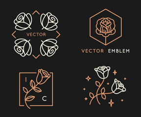 Vector logo design templates and monogram design elements in simple minimal style with roses - obrazy, fototapety, plakaty