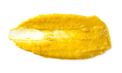 Naklejka na ściany i meble Yellow mustard sauce, spread isolated on white background, top view