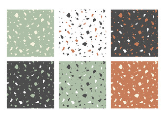 Vector handcrafted paper cut textures. Italian terrazzo, set of colorful abstract seamless patterns.