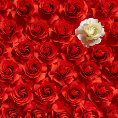 Obraz na płótnie Canvas Paper flower, White roses on Red roses background, Abstract flower cut from paper, Wedding decorations