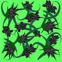 Black flpwers with green leaves pattern for print.