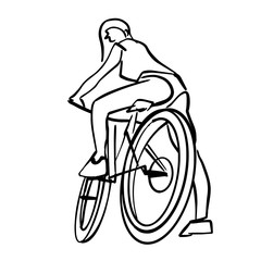 Single female bicyclist on bicycle. Abstract isolated contour. Hand drawn outlines. Black line drawing. Cycling illustration. Vector silhouette.