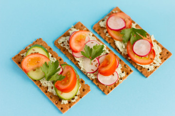 delicious summer sandwiches with cottage cheese with greens and vegetables on a blue background