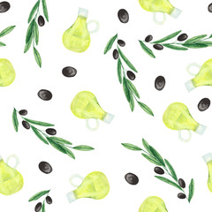  Watercolor pattern with olives, olive branches, a bottle of olive oil.