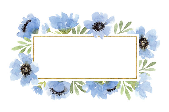 watercolor blue flowers with leaves frame. isolated elements
