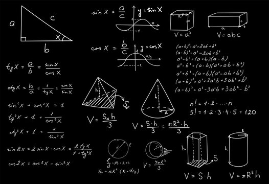 Blackboard mathematical vector pattern with geometrical figures and formulas, used for school education and document decoration. Isolated, you can use any color of background. 