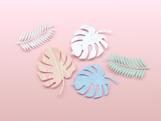 3d render set of tropical leaves. Palm, banana leaf, hibiscus, plumeria flowers