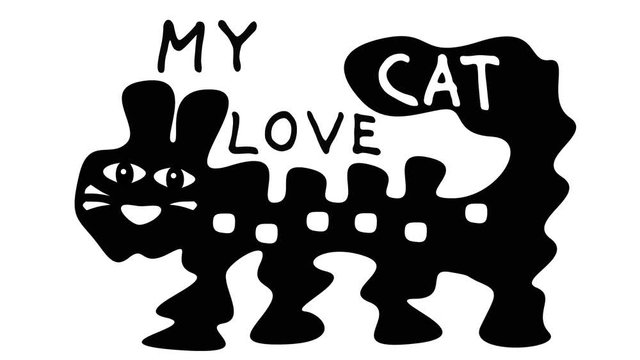 Funny cartoon fantastic cat. Abstract drawing. Crazy. Black and white video art.