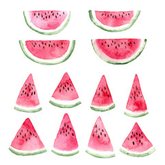 watercolor slices of watermelon. hand painted isolated elements.