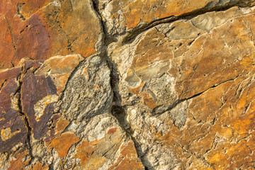 gray yellow brown red stone rock surface with deep relief and cracks close-up. natural texture