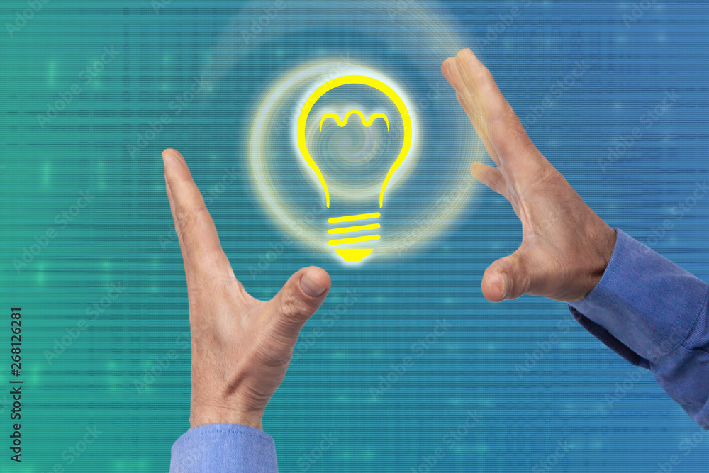 Aufkleber male hand using light bulb interface icon. 3d rendering on a technological background, using a netwo